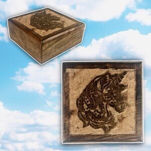 💙 HANDMADE Made in India Square Unicorn Wood Trinket Box Jewelry Box Stash Box
